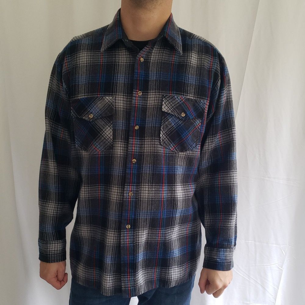 90s Black, Gray, Blue, and Red Flannel